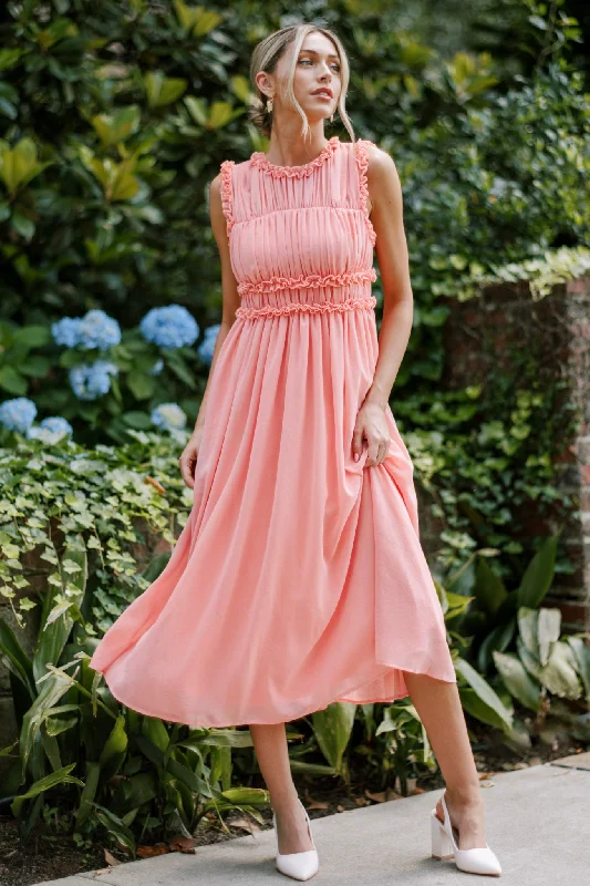 Hottest Discounts of the Year!Graceful Gathering Pink Coral Sleeveless Midi Dress