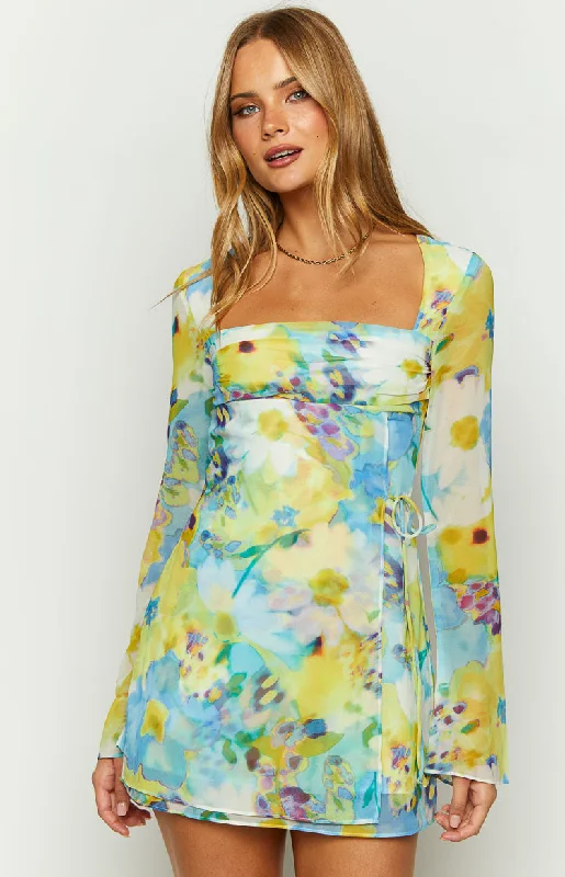 Save More with Every Purchase!Lucy Blue Floral Long Sleeve Mini Dress