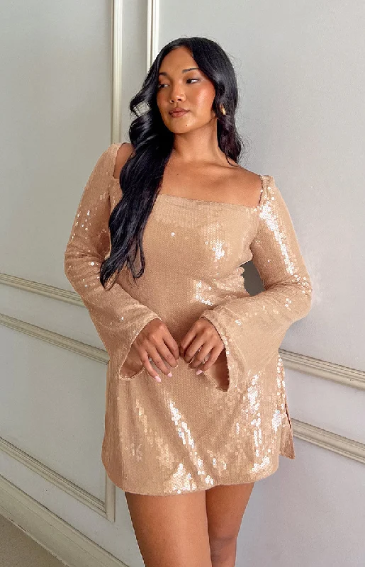 Buy One, Get One Free!Marienne Champagne Sequin Long Sleeve Mini Dress