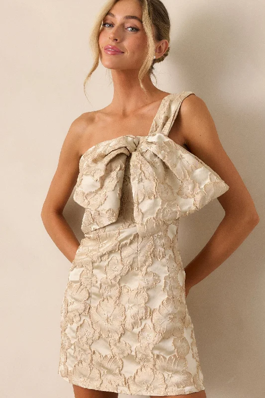 Only a Few Left – Order Now!Missing Out Champagne Gold Floral Jacquard Mini Dress