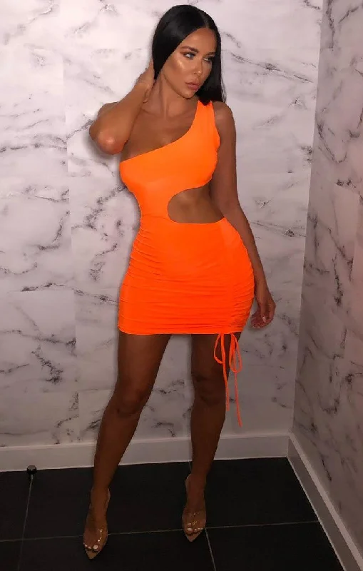 Your Favorite Items on Sale Now!Neon Orange One Shoulder Cut Out Mini Dress - Jolie