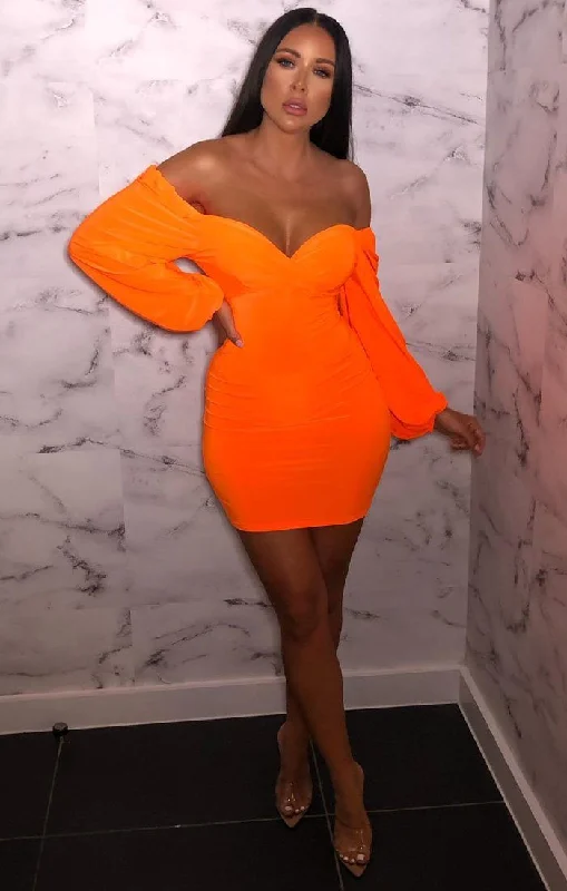 Exclusive Deals Just for You!Neon Orange Slinky Balloon Sleeve Bardot Mini Dress - Meghan