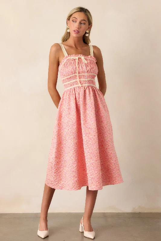 Score Huge Discounts Today!Petal Waltz Pink Coral Floral Jacquard Midi Dress