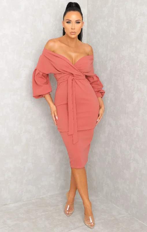 Must-Have Deals Inside!Pink Belted Bodycon Midi Dress  - Angelica