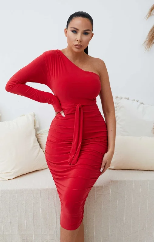 Don't Miss Out!Red One Shoulder Ruched Slinky Midi Dress - Savannah