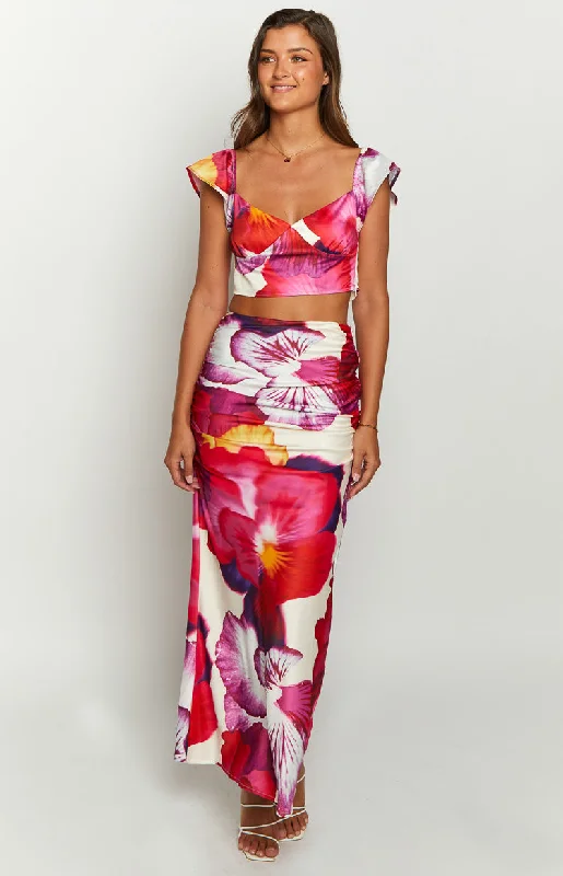 Special Discounts Inside!Romantic Rose Pink Floral Print Maxi Skirt