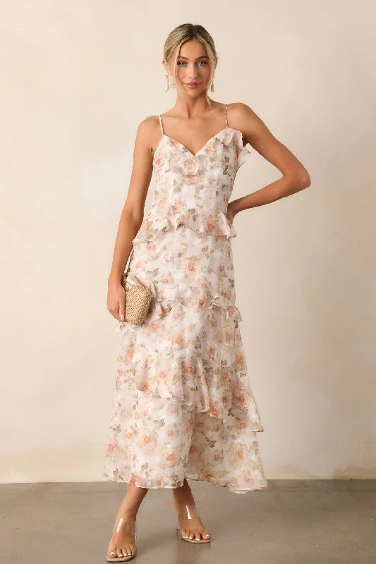 Special Discounts Inside!Searching For Love Ivory Floral Ruffle Midi Dress