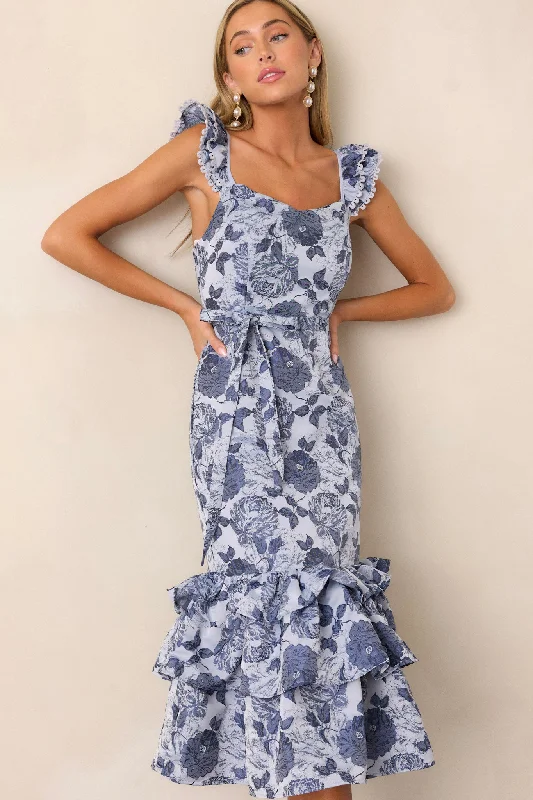 Hottest Discounts of the Year!Start All Over Blue Floral Ruffle Midi Dress
