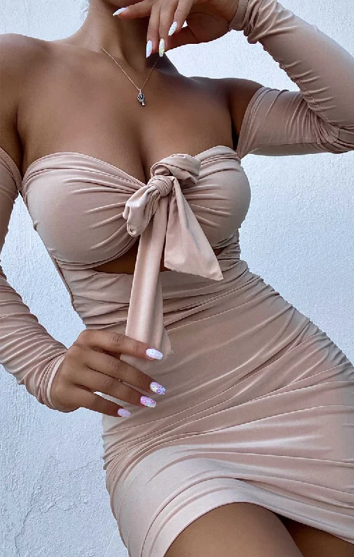 Bigger Savings, Better Shopping!Stone Slinky Ruched Bardot Long Sleeve Cut Out Tie Front Bodycon Mini Dress - Zion Bigger Savings, Better Shopping!Stone Slinky Ruched Bardot Long Sleeve Cut Out Tie Front Bodycon Mini Dress - Zion