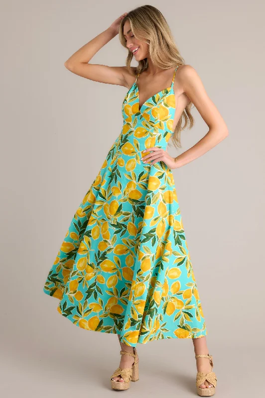 Get More, Spend Less – Shop Now!Sunshine Squeeze Aqua Lemon Print Midi Dress