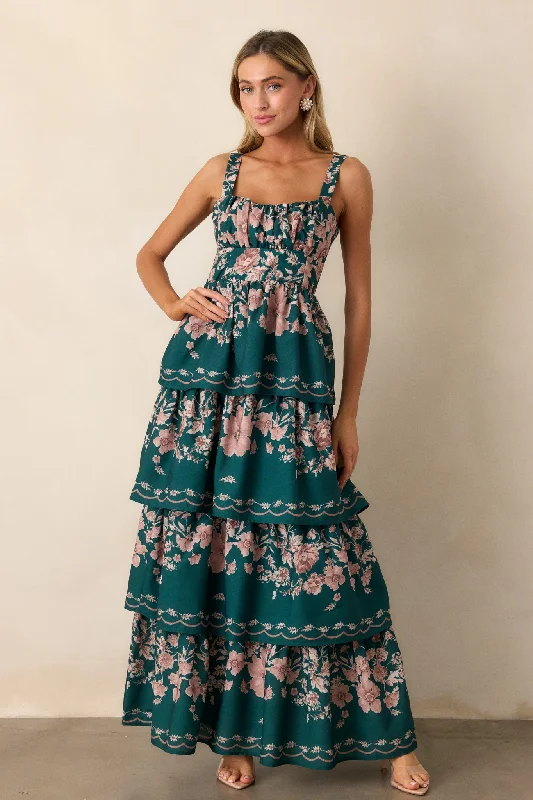 Exclusive Deals Just for You!Sweet Reminiscence Forest Green Floral Tiered Maxi Dress