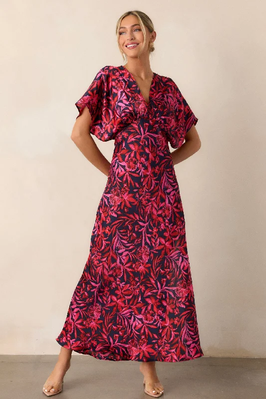 Find the Best Deals Here!Waltz Through Time Fuchsia Floral Satin Maxi Dress