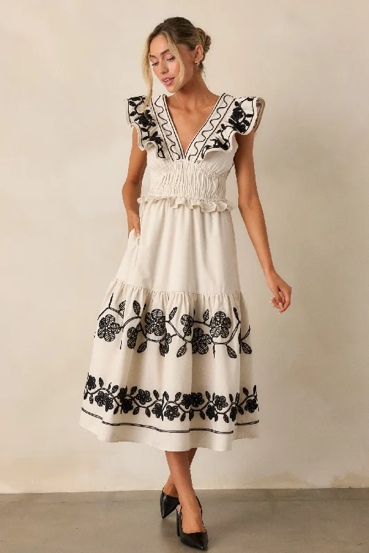 Limited Edition, Limited Price!Whispering Pines Beige Flutter Sleeve Midi Dress