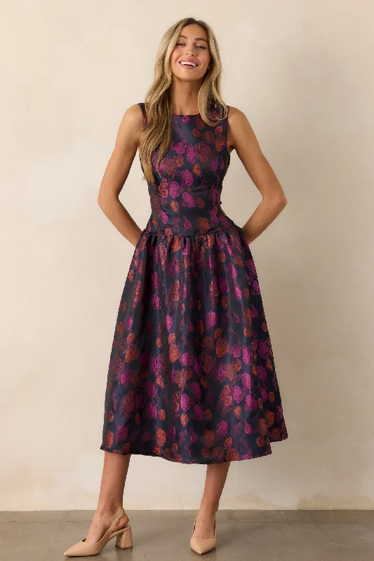 More Discounts, More Joy!Windswept Garden Purple Floral Drop Waist Midi Dress