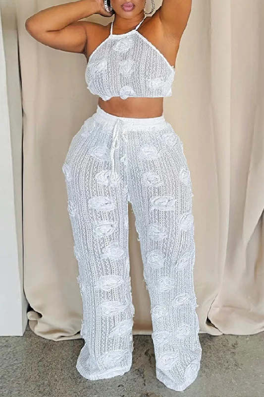 Only a Few Left – Order Now!3D Flower Decor Elegant See-Through Strappy Pant Suit