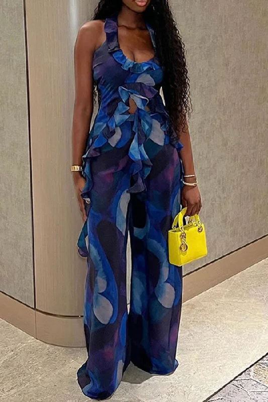 Limited Stock Available!Abstract Print Flattering Ruffles Ribbons Irregular Pant Suit
