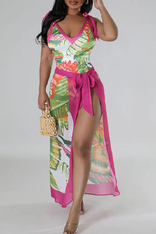 Stock Up and Save!Abstract Print Patchwork Tropical Lace-Up Three Pieces