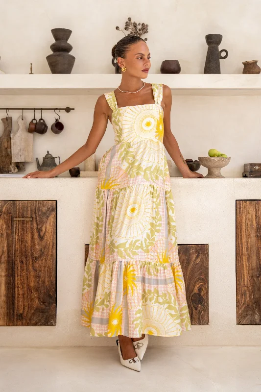 Time to Save Big!Aurea Yellow Pink Abstract Tiered Midi Dress