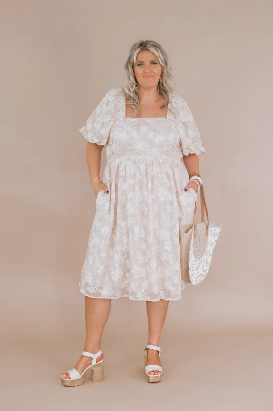 Massive Price Cuts!Floral Chiffon Midi Dress, Sand
