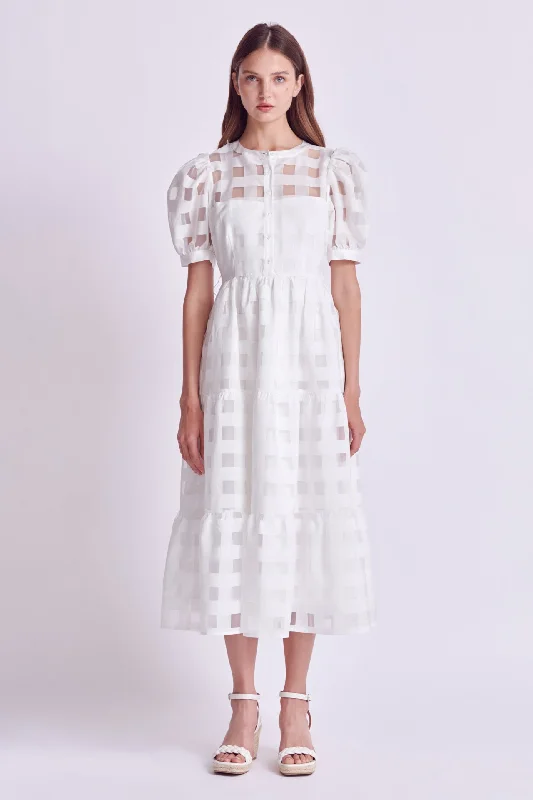 Upgrade for Less!Check Puff Sleeve Midi Dress