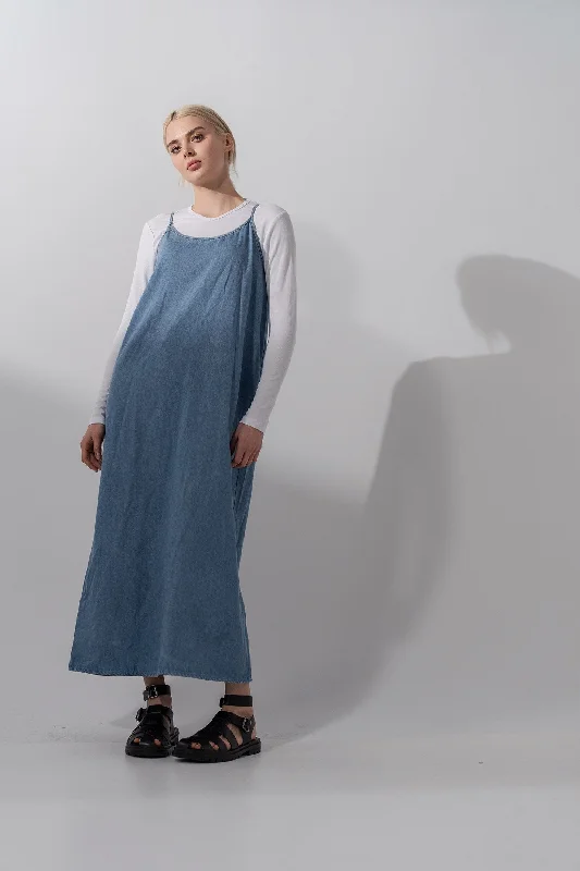 Best Price of the Season!Solid Crew Neck Slip Dress-Light Blue Denim