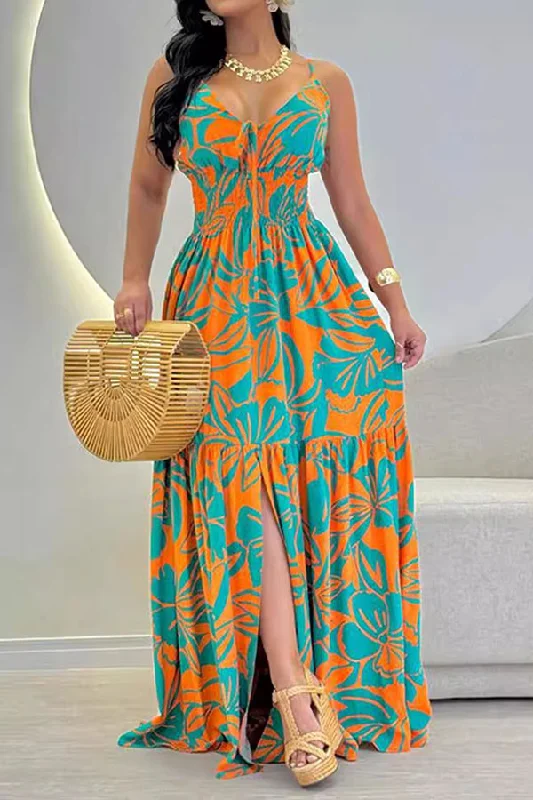 Unbeatable Prices!Floral Print Beachy Lace-Up Strap Shirred High Split Maxi Dress