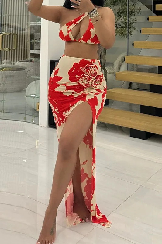 Limited Edition, Limited Price!Floral Print Chic High Split 3D Flower Decor Cutout Skirt Suit