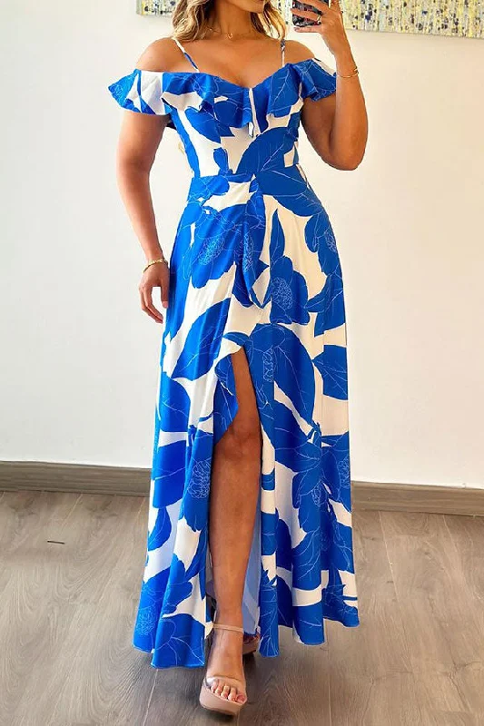 Save More When You Shop More!Floral Print Elegant Cold Shoulder Ruffles High Split Midi Dress