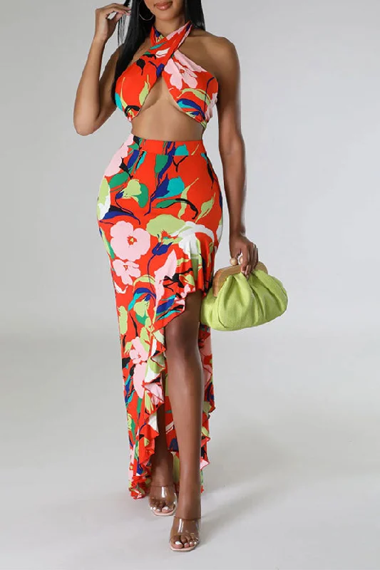 Best Offers of the Month!Floral Print Pretty High Split Halter Collar Ruffle Dress Suit