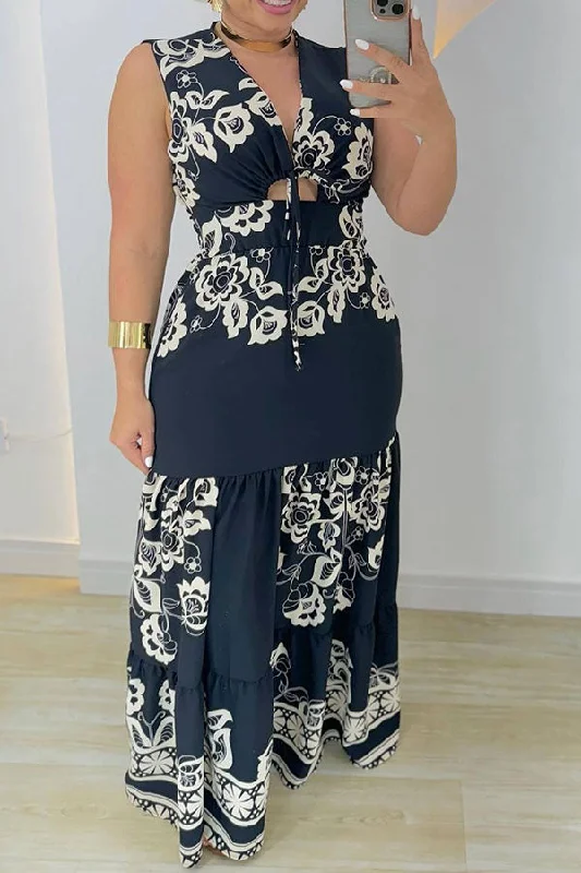 Find Your Perfect Deal Today!Floral Print Smart Cutout Drawstring Tiered Maxi Dress