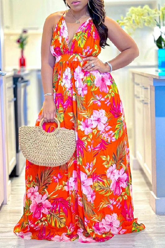 Your Shopping Wish, Our Discount Command!Floral Print Tropical Plunging Swing Maxi Dress