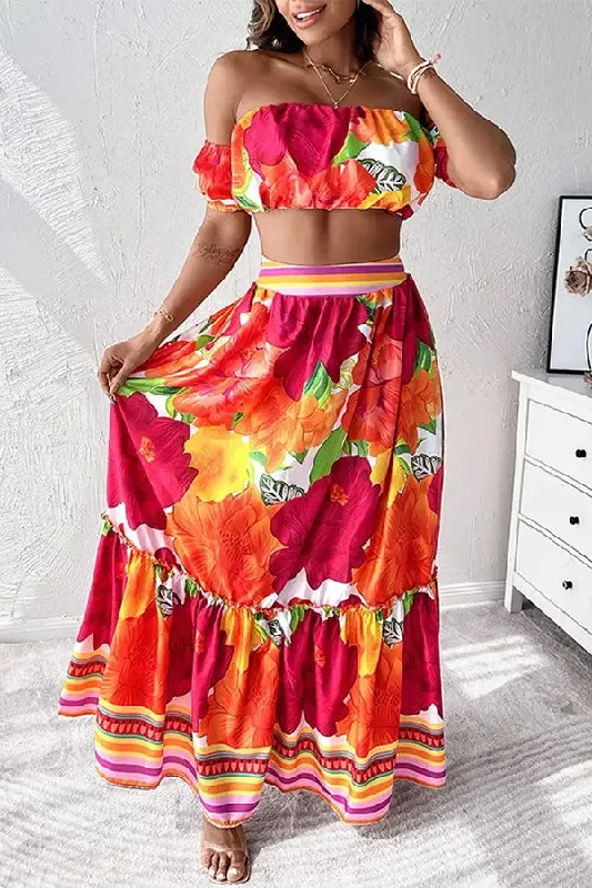 The Best Deals Won’t Wait!Floral Print Tropical Strapless Tiered Dress Suit