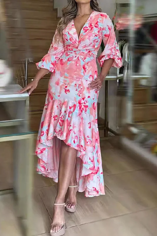 Price Drop Alert!Floral Print Urban Twisted High Low Ruffle Midi Dress