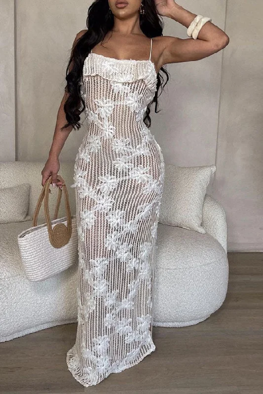 The Best Deals Won’t Wait!Flower Decor Beachy Lace-Up See-Through Knitted Maxi Dress