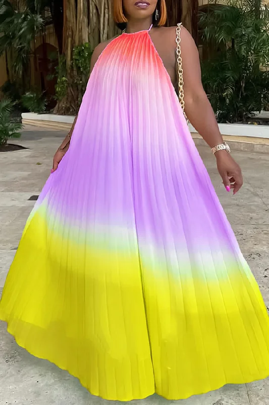 Steals and Deals Await!Gradient Colorful Pleated Halter Collar Backless Maxi Dress