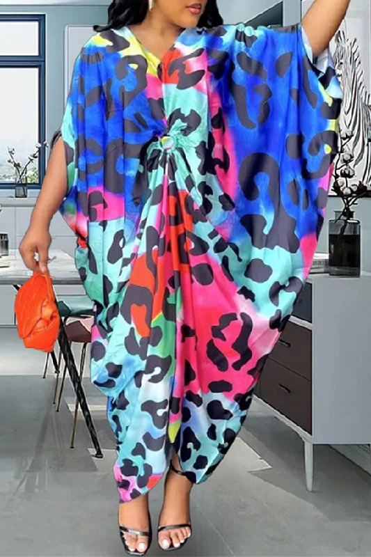 Buy One, Get One Free!Gradient Leopard Print Chic O-ring Design Irregular Maxi Dress