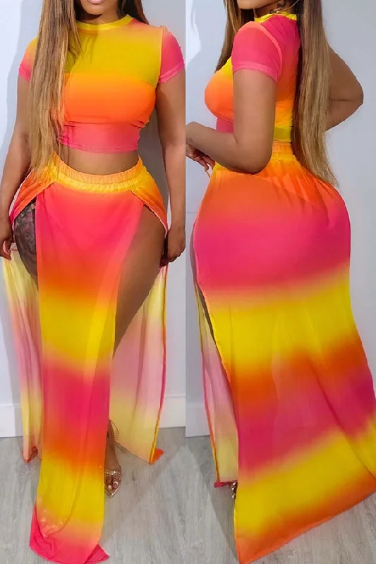 Save Money, Shop Happy!Gradient Unusual High Split Round Neck Dress Suit