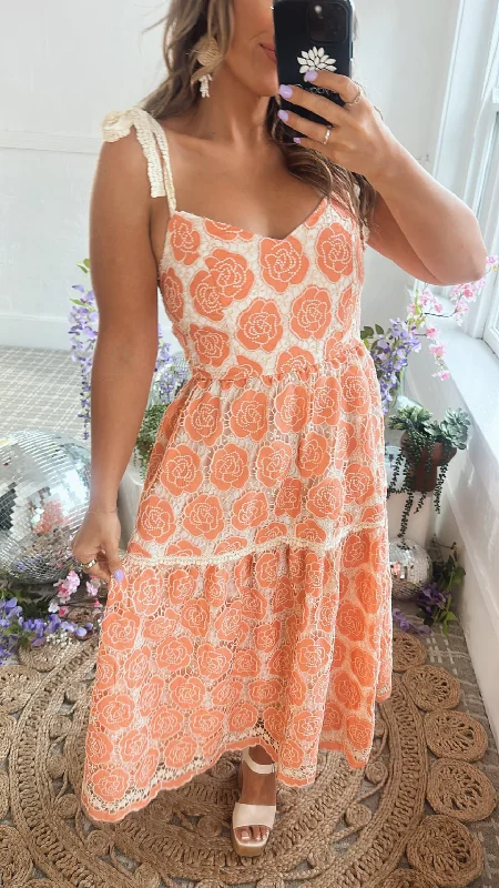 Great Deals, Just for You!Frill Detail Floral Embroidered Midi Dress, Coral