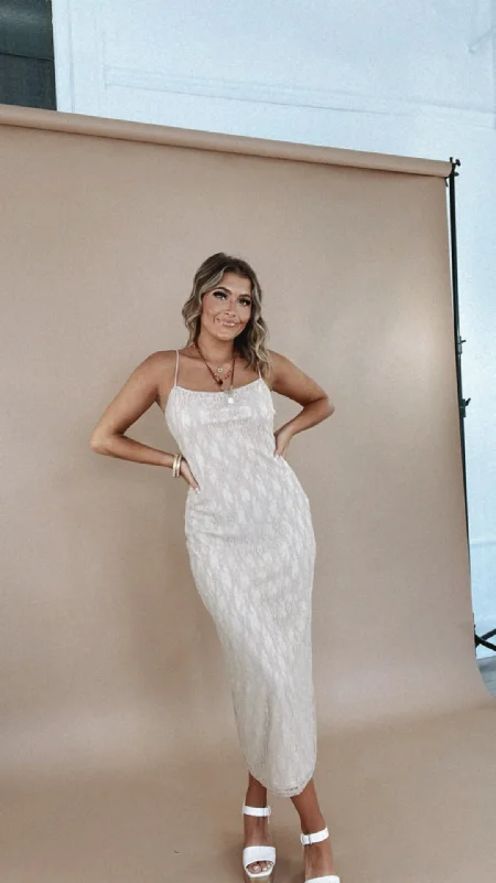 Save Like Never Before!Spaghetti Strap Lace Maxi, Taupe