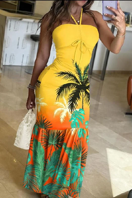 Incredible Savings Inside!Coconut Palm Print Dramatic Halter Collar Ruffle Drawstring Maxi Dress