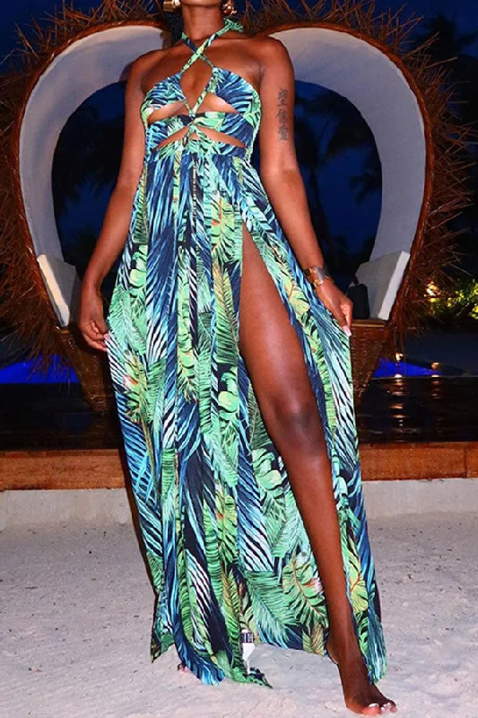 Shop Today, Save Tomorrow!Leaf Print Halter Collar Strappy Tropical High Split Maxi Dress