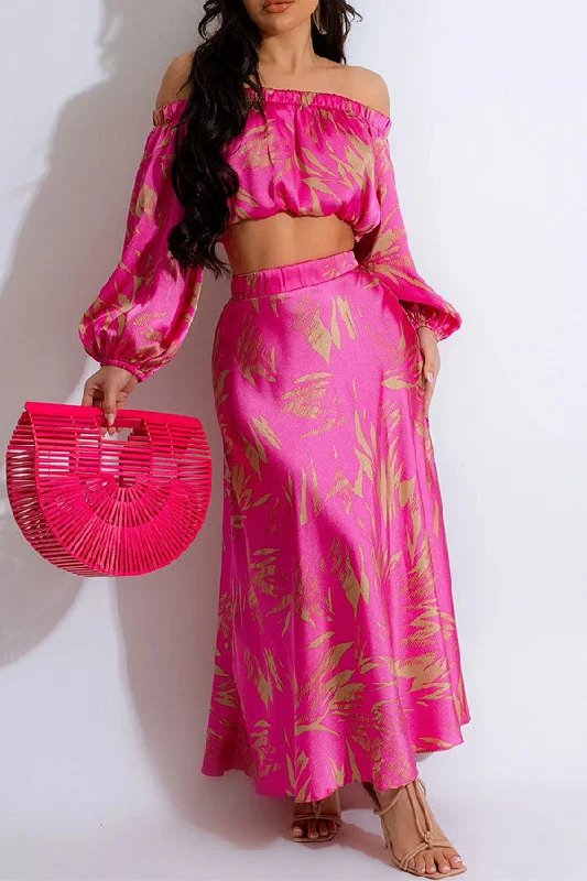 Unmissable Offers Await!Leaf Print Off Shoulder Glamorous Skirt Suit