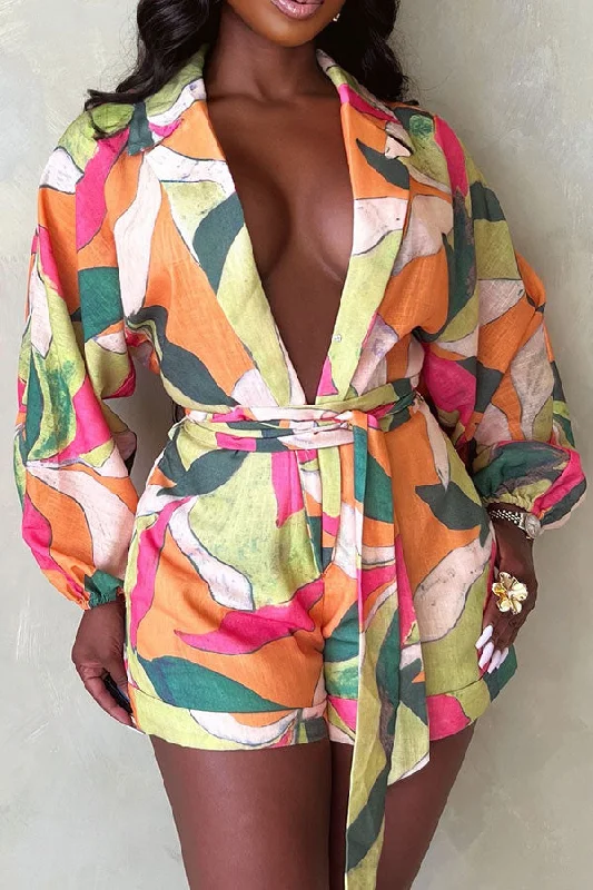 Find the Best Deals Here!Leaf Print Puff Sleeve Tropical Lace-Up Romper