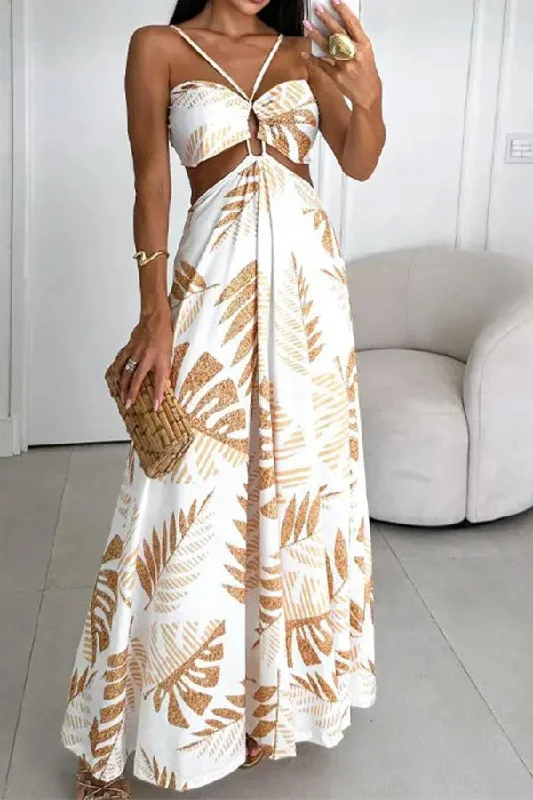 Savings You Can’t Ignore!Leaf Print Tropical Strappy Cutout Maxi Dress