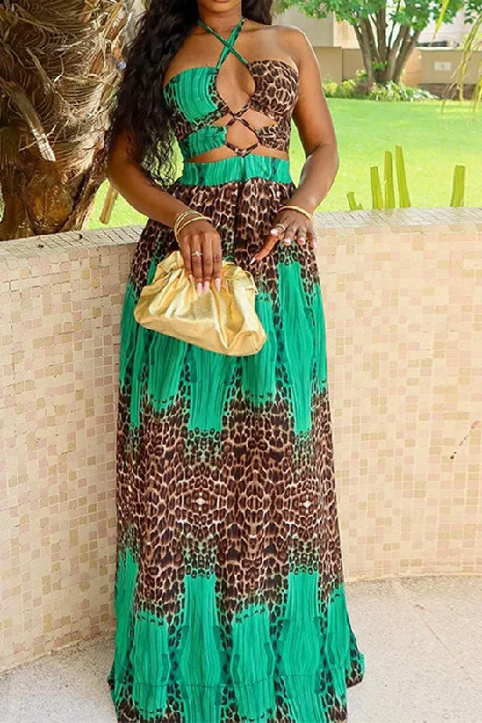 Your Wallet Will Thank You!Leopard Print Patchwork Tropical Strappy High Split Maxi Dress