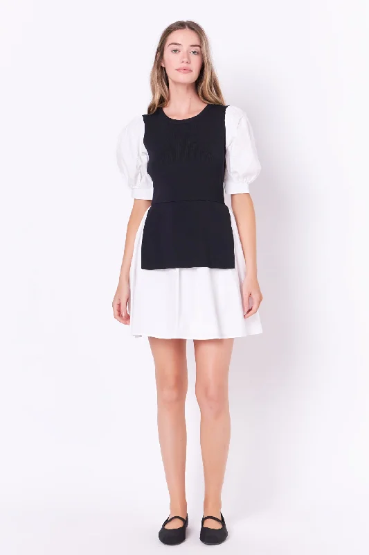 Amazing Prices You Can’t Resist!Mixed Media Puff Sleeve Mini Dress