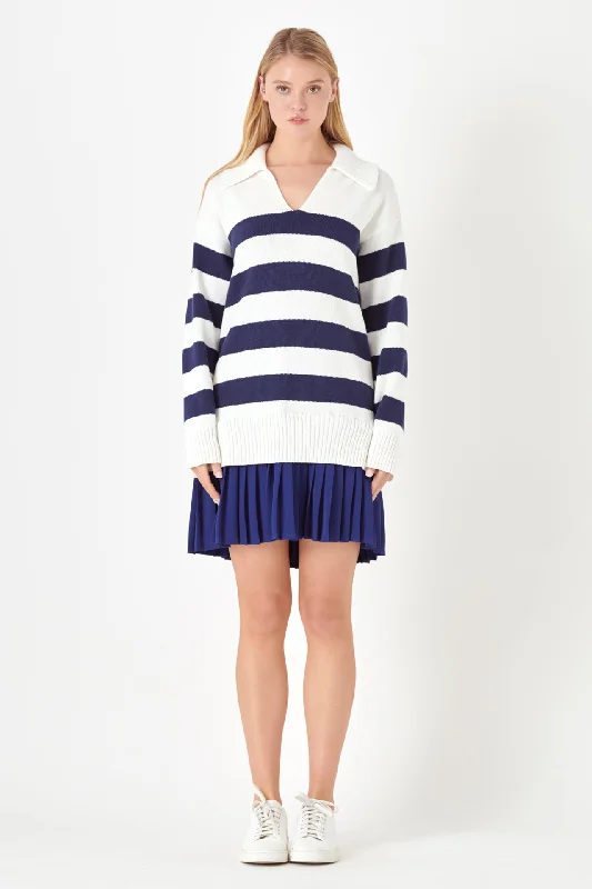 Mega Sale Happening Now!Mixed Media Stripe Pleated Mini Dress