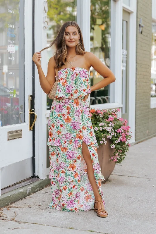 Flash Deals – Act Quickly!Multi Floral Strapless Slit Maxi Dress - FINAL SALE