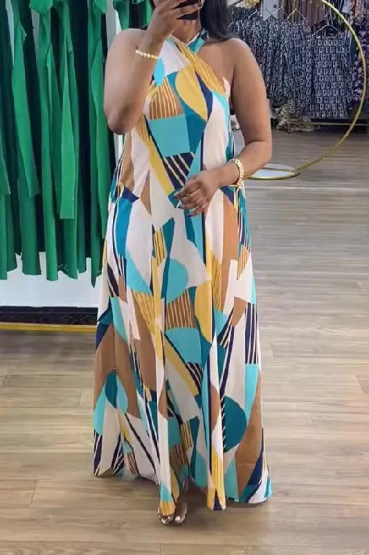 Seasonal Sale – Shop Now!Multicolor Graphic Print Relaxed Cross Halter Maxi Dress