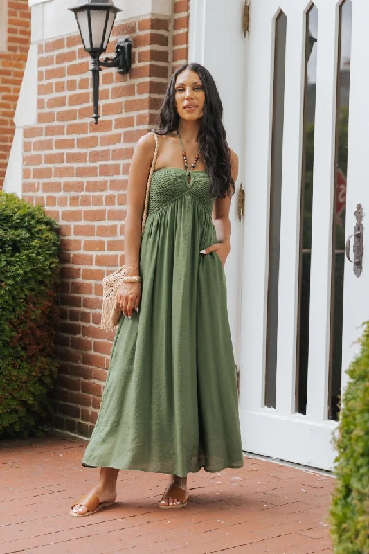 Huge Savings – Act Now!Olive Halter Beaded Ruched Maxi Dress - FINAL SALE